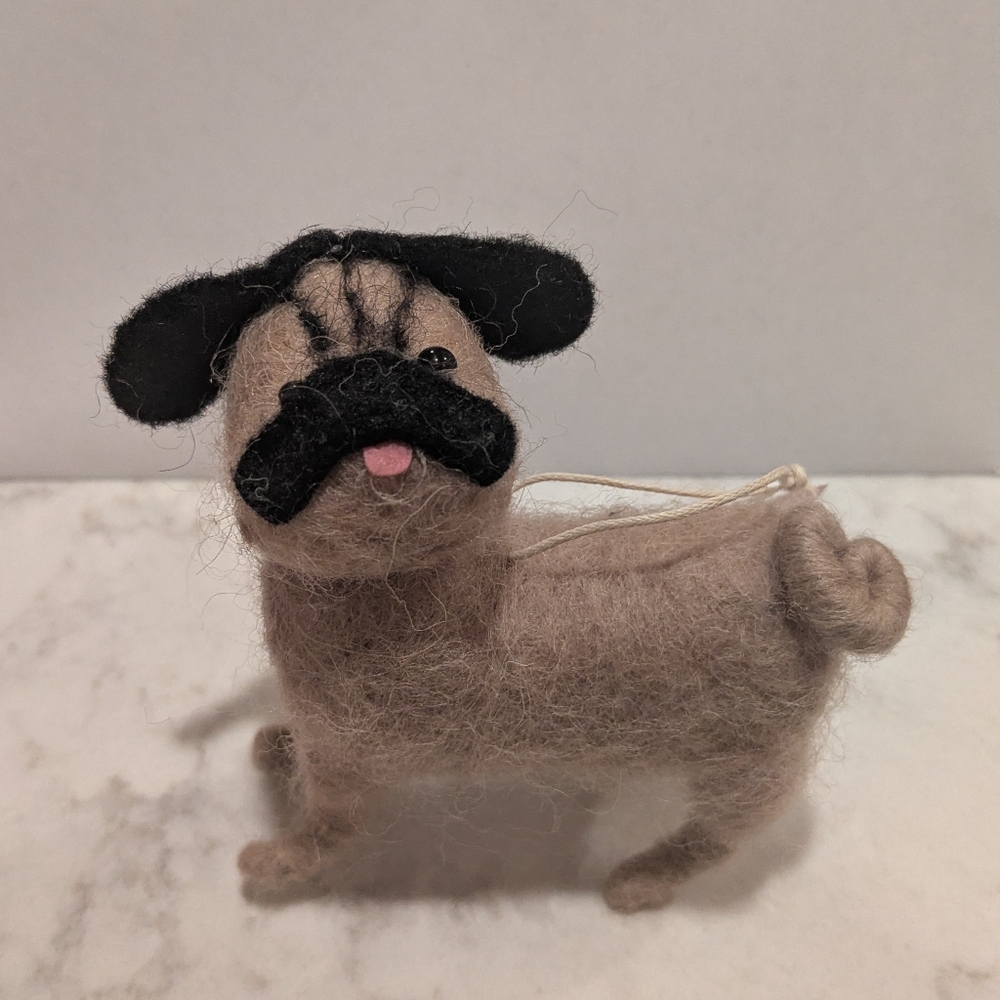 Adorable Tan Felted Wool Pug Dog Ornament